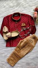 Boys Leaf Red IndoWestern set - Chain and shoes included