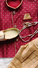 Boys Leaf Red IndoWestern set - Chain and shoes included