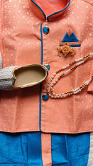 Boys Peach Midnight Blue IndoWestern set - Chain and shoes included