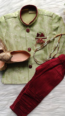 Boys Olive Maroon IndoWestern set - Chain and shoes included