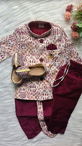 Boys Maroon Oak IndoWestern dhoti & Pant set - Chain and shoes included