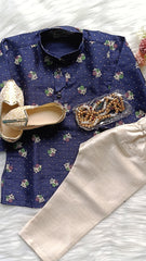 Boys Blue Flower Kurta set - Chain and Shoes Included