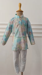Boys Bluish Cyan sequence soft Kurta Set