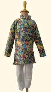 Boys Green  Georgette  Forest Embroidery Kurta Set