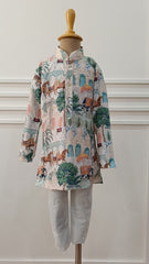 Boys grey cloud Georgette Horse Embroidery Kurta Set