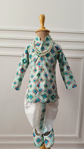 Infants Lunar Green Mix  Dhoti Set - Chain and Shoes Included