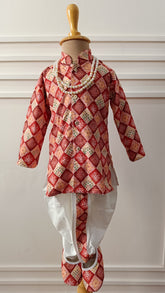 Infants Falu Red Mix  Dhoti Set - Chain and Shoes Included