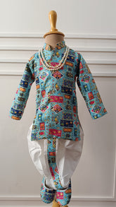 Infants Greyish Blue Mix  Dhoti Set - Chain and Shoes Included