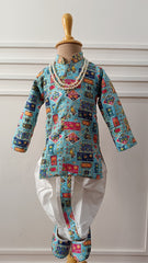 Infants Greyish Blue Mix Dhoti Set - Chain and Shoes Included