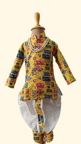 Infants Sandy Yellowish Mix  Dhoti Set - Chain and Shoes Included