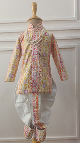 Infants Pale Oyster  Mix  Dhoti Set - Chain and Shoes Included