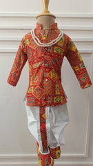 Infants Red Bhandini Mix Dhoti Set - Chain and Shoes Included
