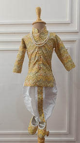 Infants Yellow zigzag lines  Dhoti Set - Chain and Shoes Included