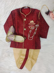 Infants Red Traditional IndoWestern set - Chain and shoes included