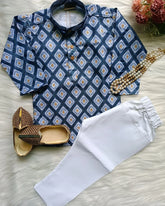 Boys blue white classic kurta set with chain and shoes