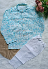 Boys Threadwork Light Blue Kurta set