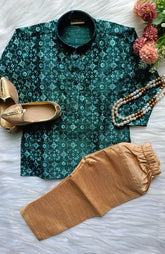 Boys Dark Green Blue Kurta set - Chain and Shoes Included