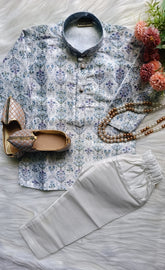 Boys Metallic Silver Kurta set - Chain and Shoes Included