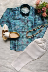 Boys Grey Teal Kurta set - Chain and Shoes Included