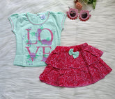 Love With Bow Round Neck T-shirt with Skirts Clothing Set - Pink