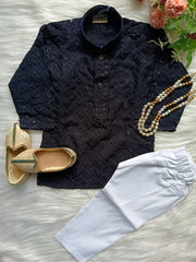 Boys Georgette Black Kurta set - Chain and Shoes Included