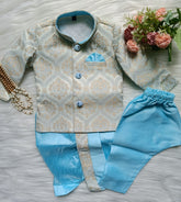 Boys Premium Indo Western 2 in 1 Kurta Set - Dhoti & Pant Included - Classic Embossed print- Light Blue