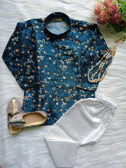 Boys Multi Flowers Kurta Gold pant set - Chain and Shoes Included