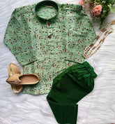 Boys Green Kalamkari Kurta set - Chain and Shoes Included