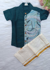 Teal Blue Boys Ethnic Silk Shirt with Dhoti Shimmering Sequin Detail