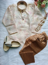 Boys Cream Classic Radium Multi Kurta set - Chain and Shoes Included