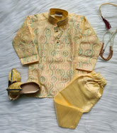 Boys Yellow Thread Work Kurta set - Chain and Shoes Included