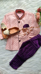 Boys Pink Purple IndoWestern Pant set - Chain and shoes included