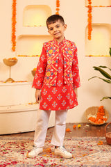 Stylish Boys' Red Kurta Pyjama with Jacket - 3pc set