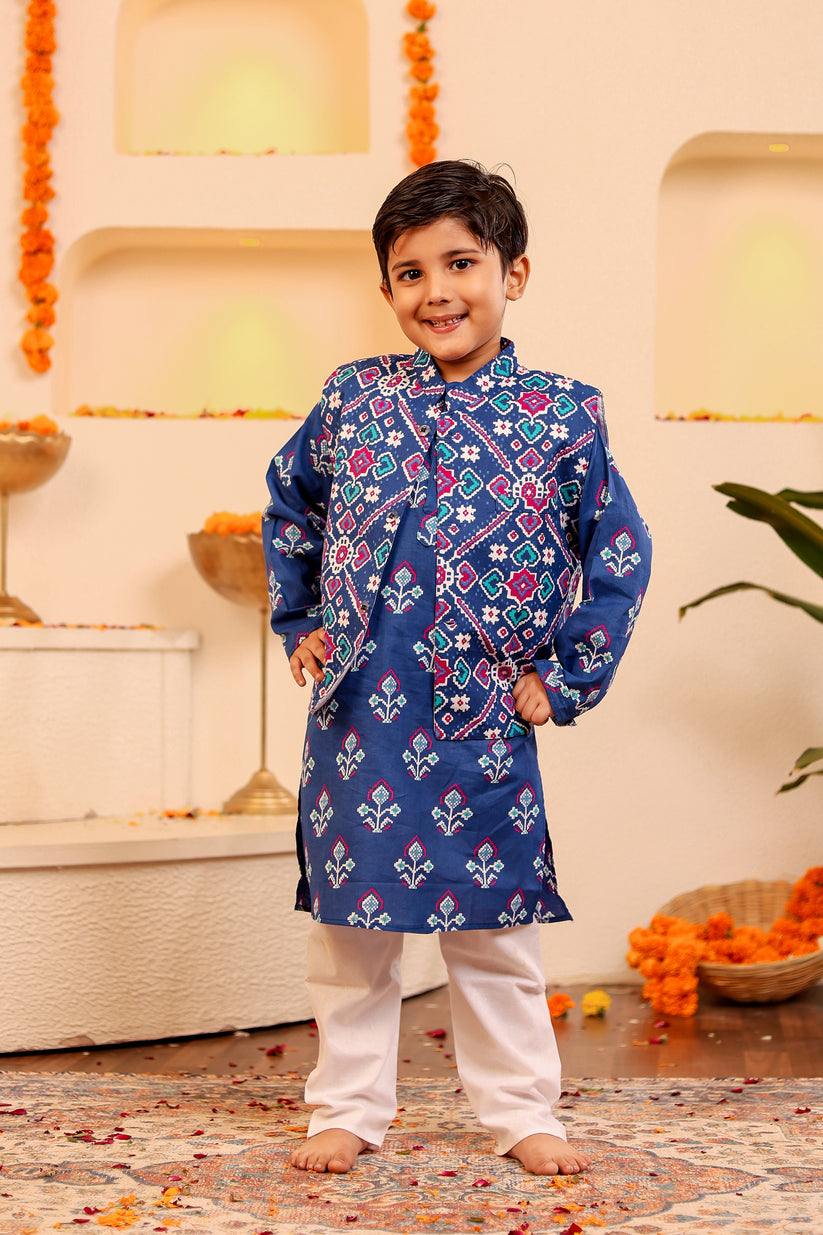 Stylish Boys' Blue Kurta Pyjama with Jacket - 3pc set