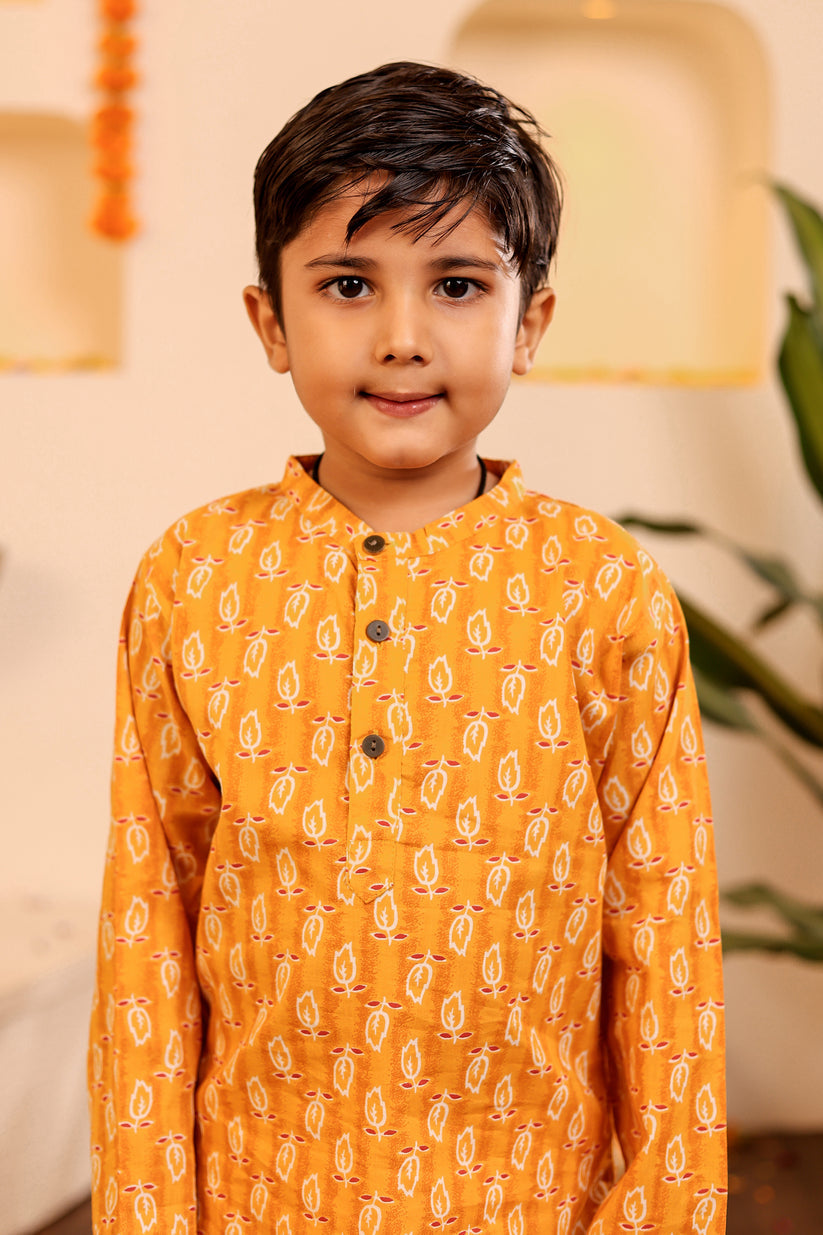 Boys Vibrant Orangish-Yellow Kurta Pyjama with Red White Motif