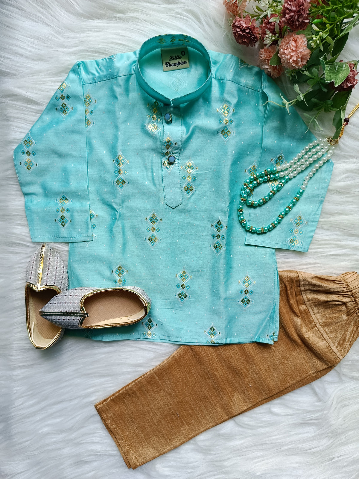 Boys - Cadet Blue Kurta Set with chain and Shoes