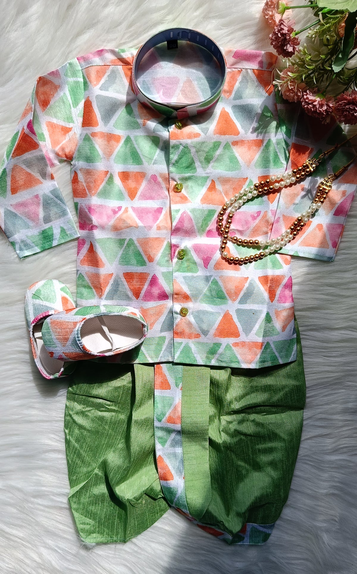 Boys Riffle Green Dhoti  set - Chain and Shoes Included