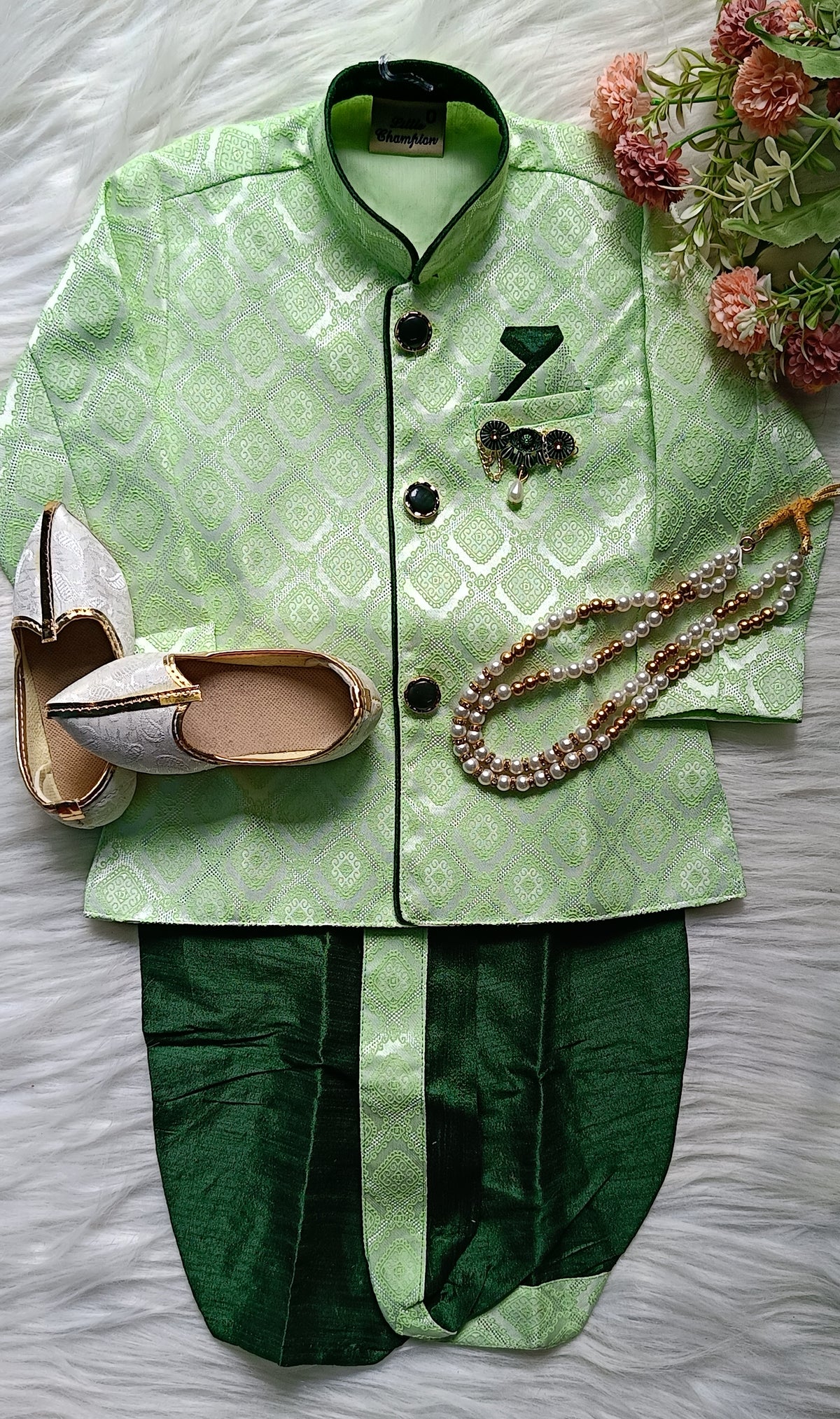 Boys Pixie Green IndoWestern dhoti set - Chain and shoes included