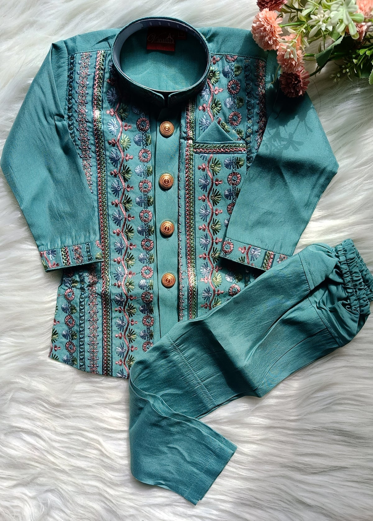 Boys Greenish Blue Premium Indo Western Set