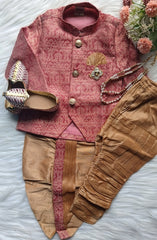 Boys Pink IndoWestern dhoti & Frill Pant set - Chain and shoes included