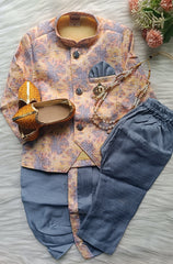 Boys Grey Dust IndoWestern dhoti & Frill Pant set - Chain and shoes included