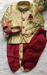 Boys Red Wood IndoWestern dhoti & Frill Pant set - Chain and shoes included