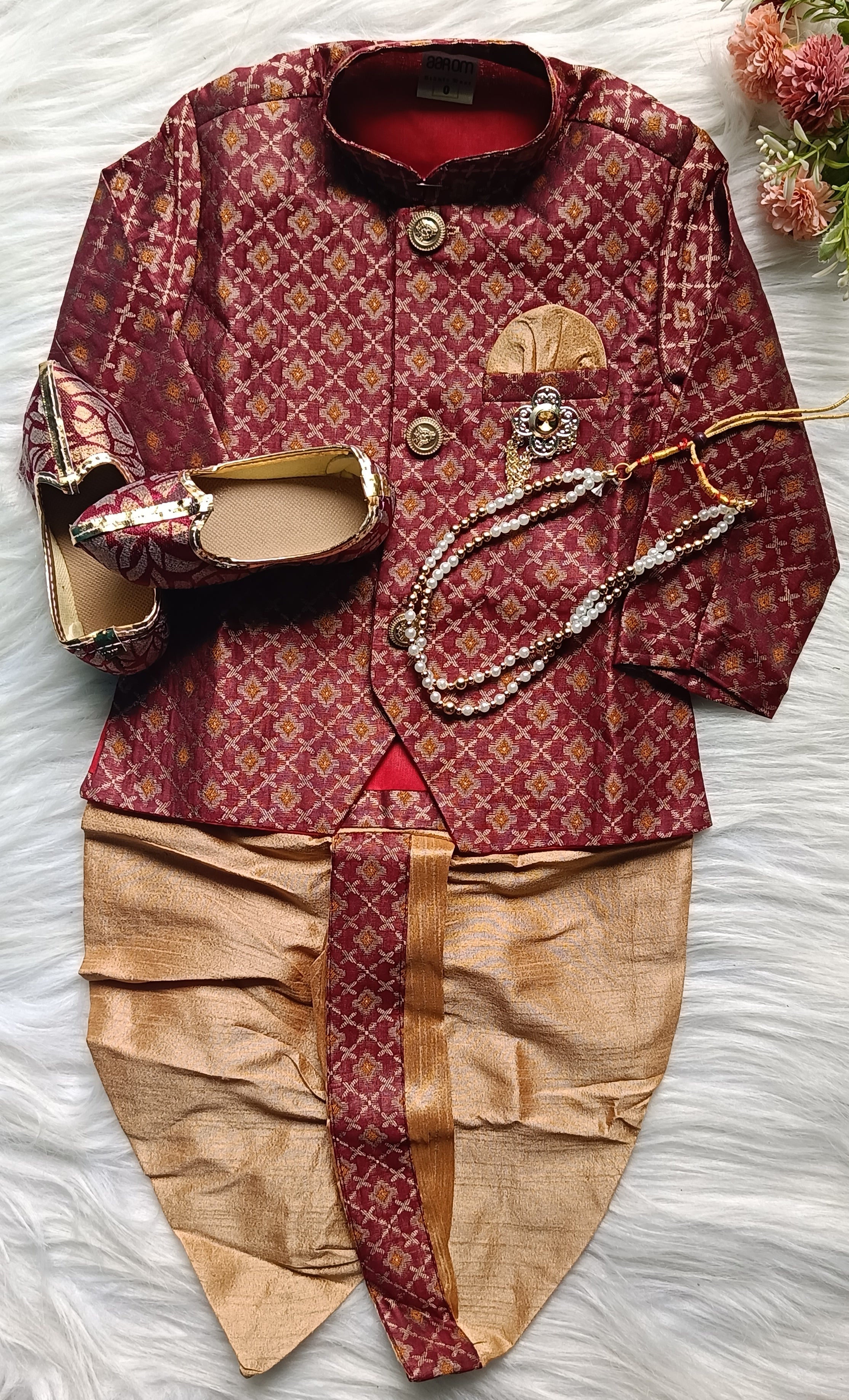 Boys Persian Plum IndoWestern dhoti & Frill Pant set - Chain and shoes included