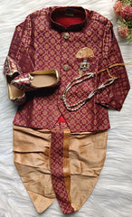 Boys Persian Plum IndoWestern dhoti & Frill Pant set - Chain and shoes included