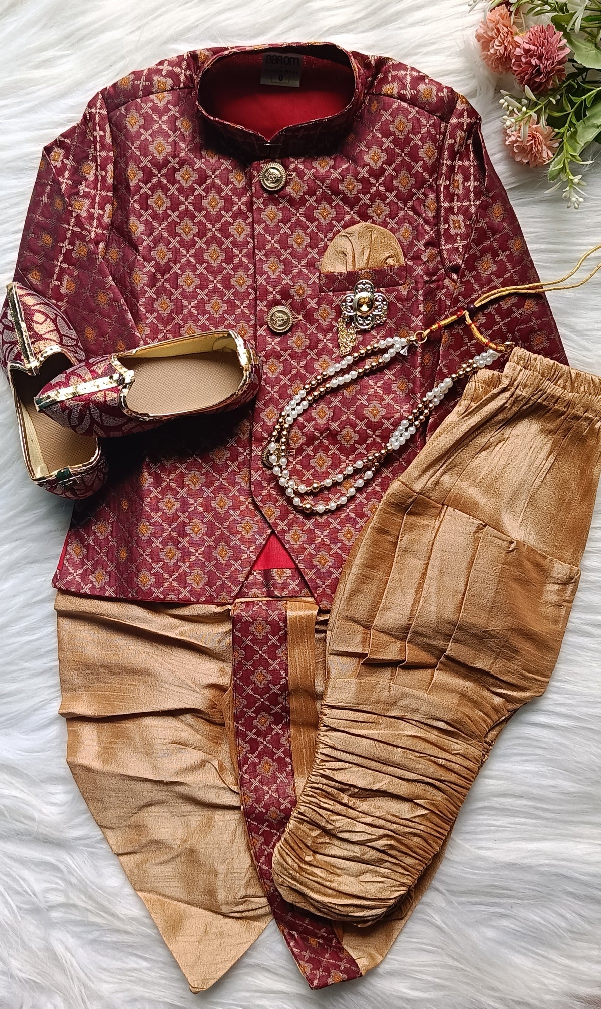 Boys Persian Plum IndoWestern dhoti & Frill Pant set - Chain and shoes included