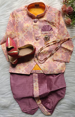 Boys Purplish Brown IndoWestern dhoti & Frill Pant set - Chain and shoes included