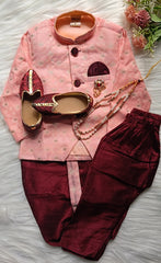 Boys Old Rose IndoWestern dhoti &  Pant set - Chain and shoes included