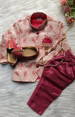 Boys Pinkish Red IndoWestern   Pant set - Chain and shoes included