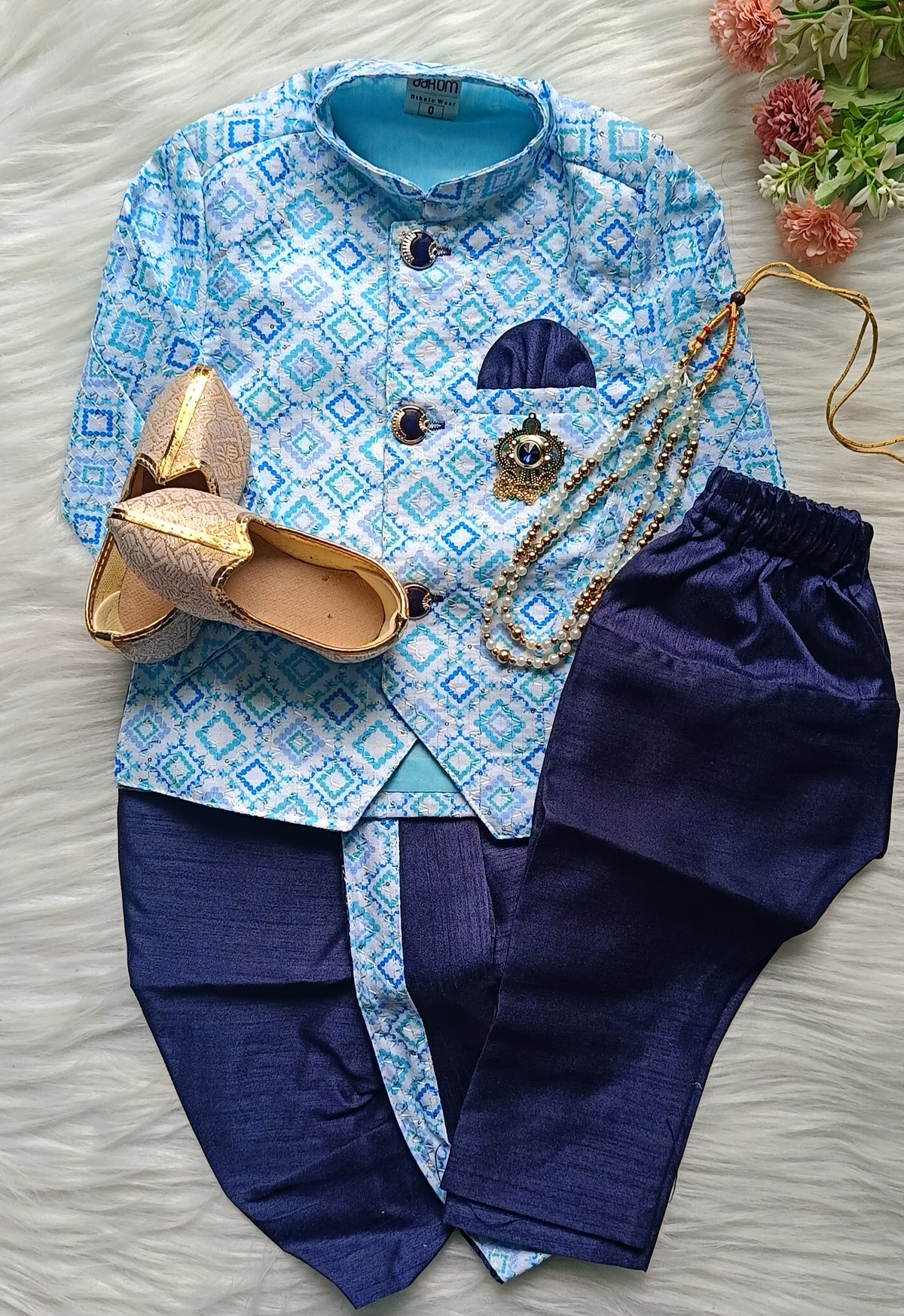 Boys Blue IndoWestern dhoti &  Pant set - Chain and shoes included