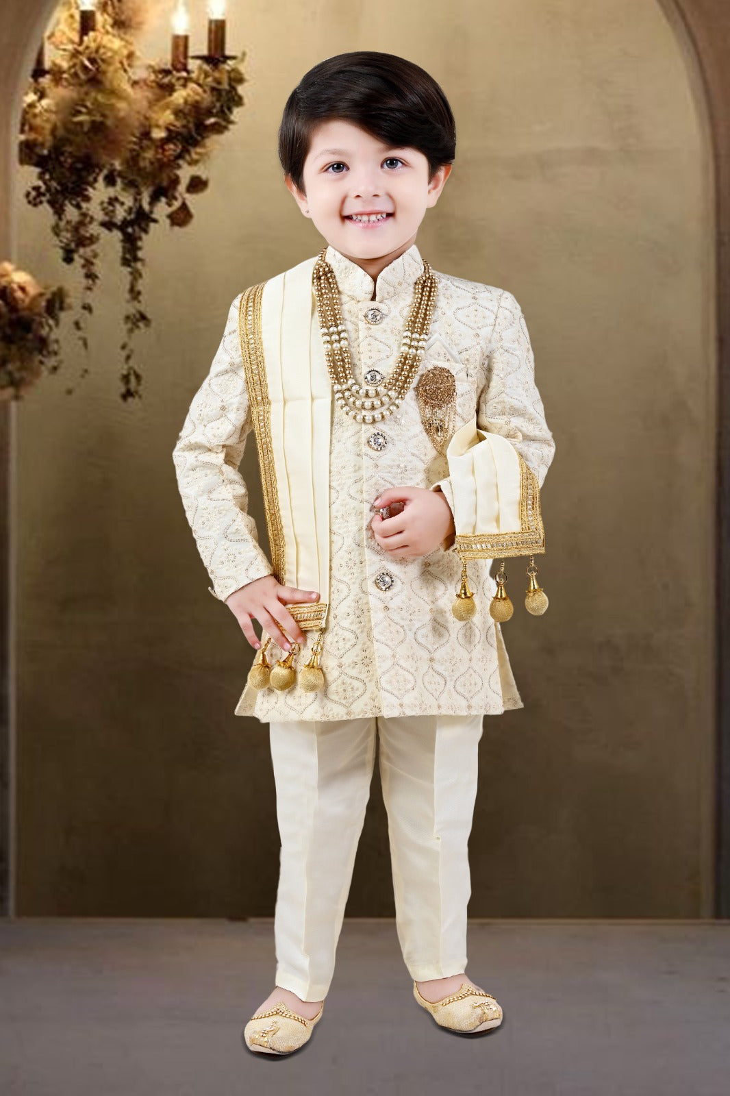 Boys Sherwani Pyjama Natural  Ivory   - Embellished Duppata Chain Included